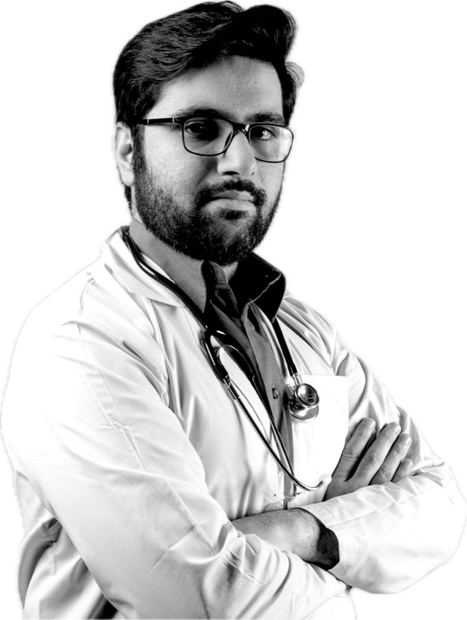 A doctor in a white coat with his arms folded